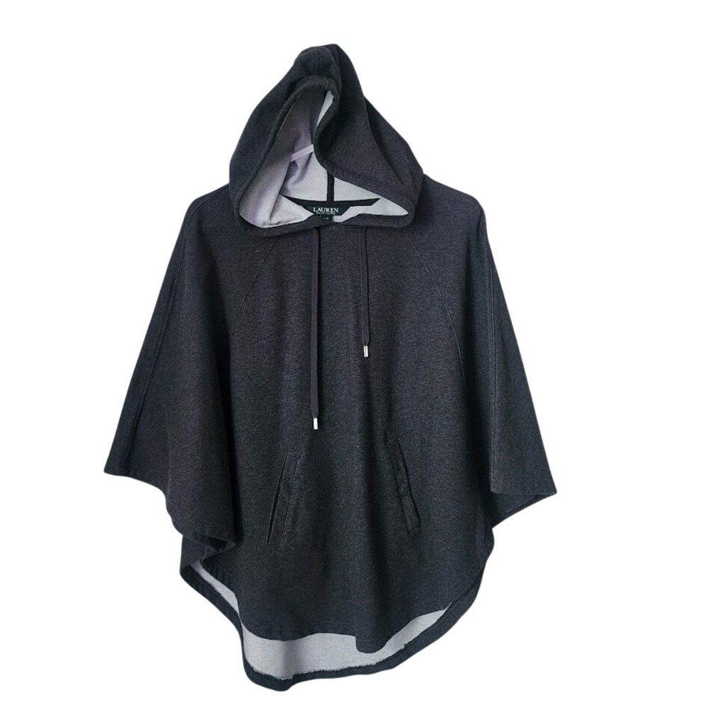 LAUREN RALPH LAUREN Hooded Poncho Cape Knit‎ Gray S/M Athleisure